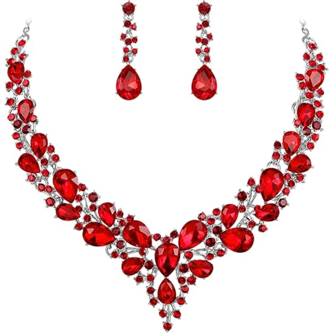 Ruby Crystal Cluster Jewelry Set | White Gold