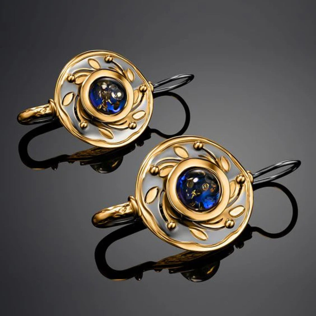 Rounded Blue Crystal Gold Leaf Earrings