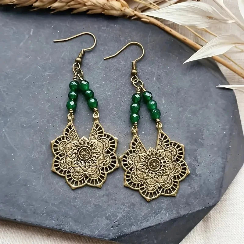 Vintage Golden & Green Mandala Earrings