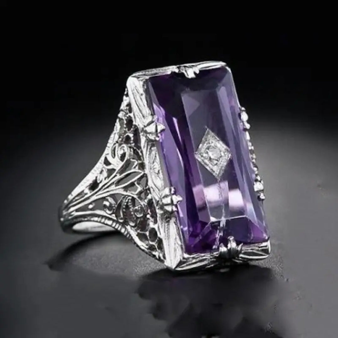 Purple Rectangular Crystal Silver Plated Ring