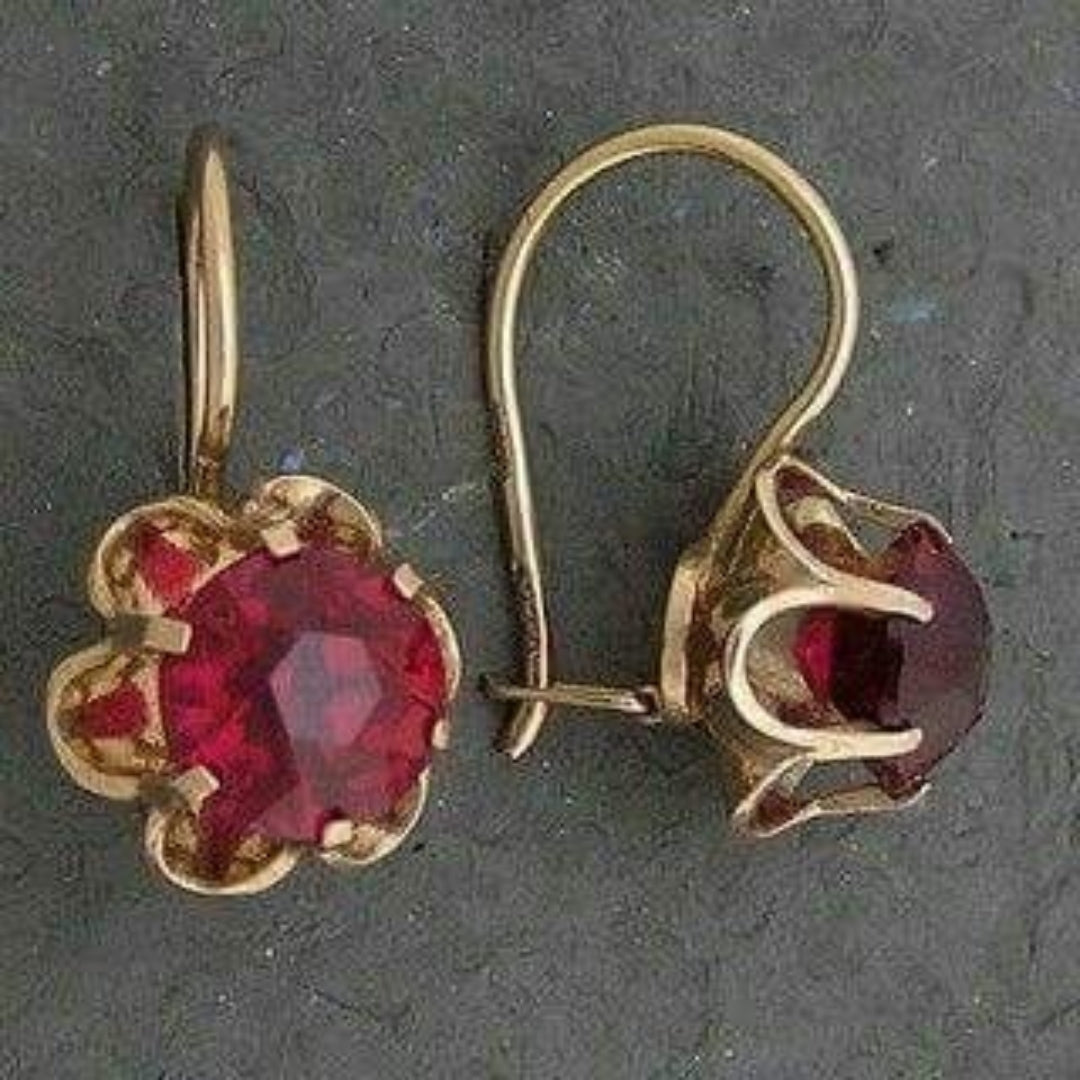 Rounded Red Glass Gold Earrings