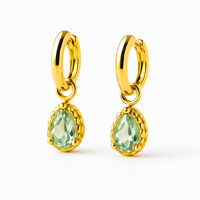 Green Amethyst Drop Hoop 14K Gold Earrings