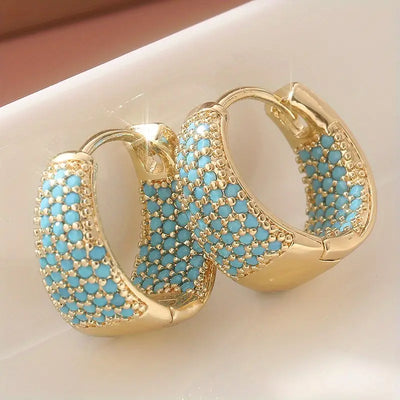 Turquoise Beaded Hoop Earrings - Gold Tone
