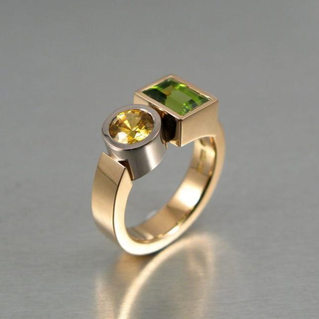 Vintage Green & Orange Glass Gold Ring