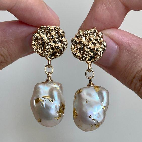 Vintage Gold Forged Barroque Pearl Earrings