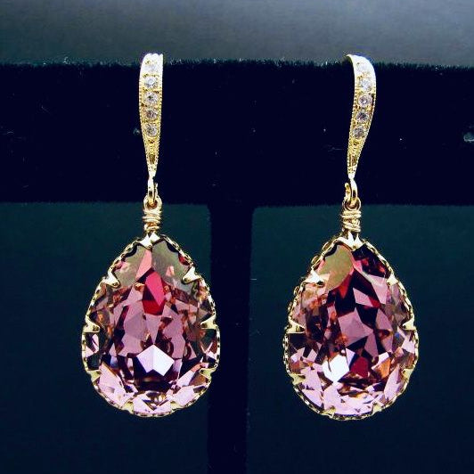 Pink Drop Crystal Gold Earrings