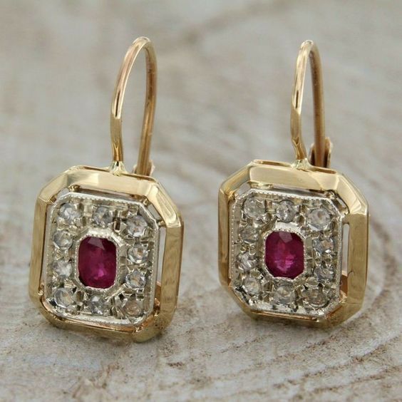 Vintage Golden Square Red Zirconia Earrings