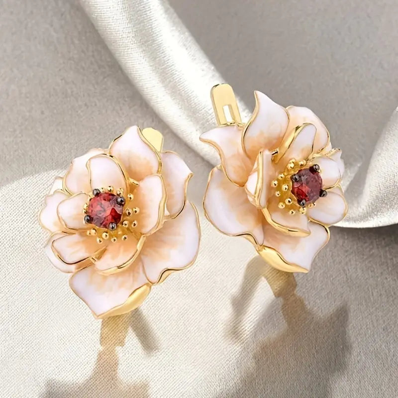 Vintage White Enamel Blossom Gold Earrings