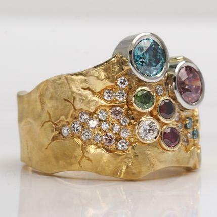 Vintage Golden Forged Colorful Glass Ring