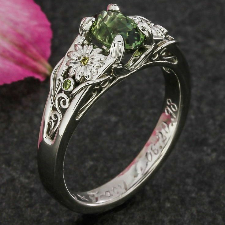 Greenish Flower Glass Silver Ring