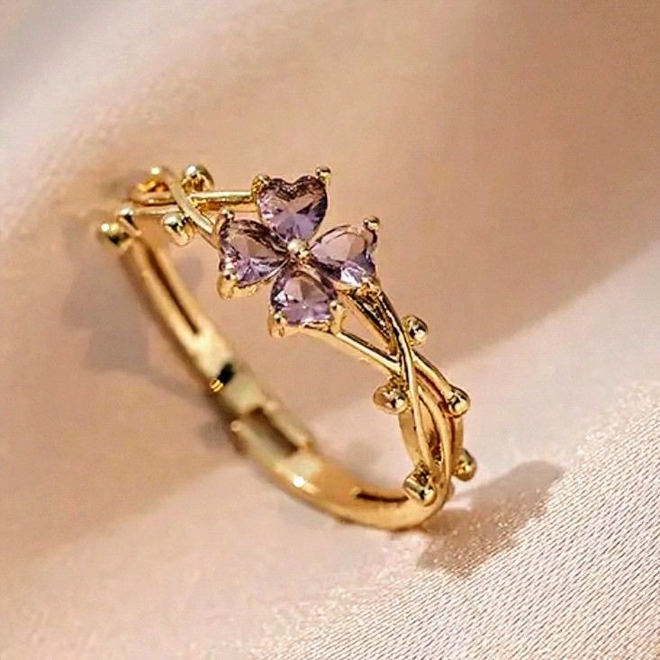 Purple Floral Gold Crystal Ring