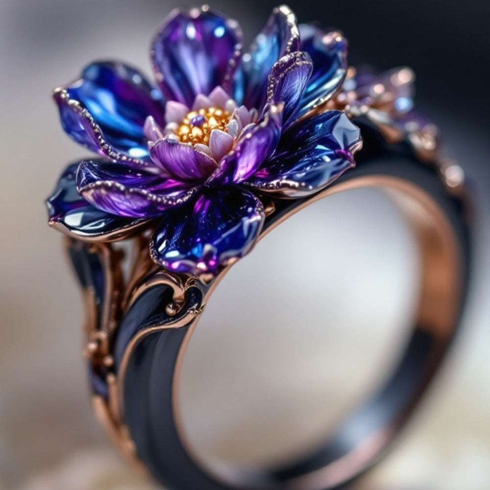 Exotic Violet Enamel Blossom Ring