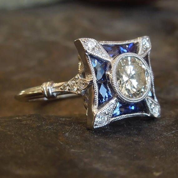 Vintage Blue & White Glass Silver Ring