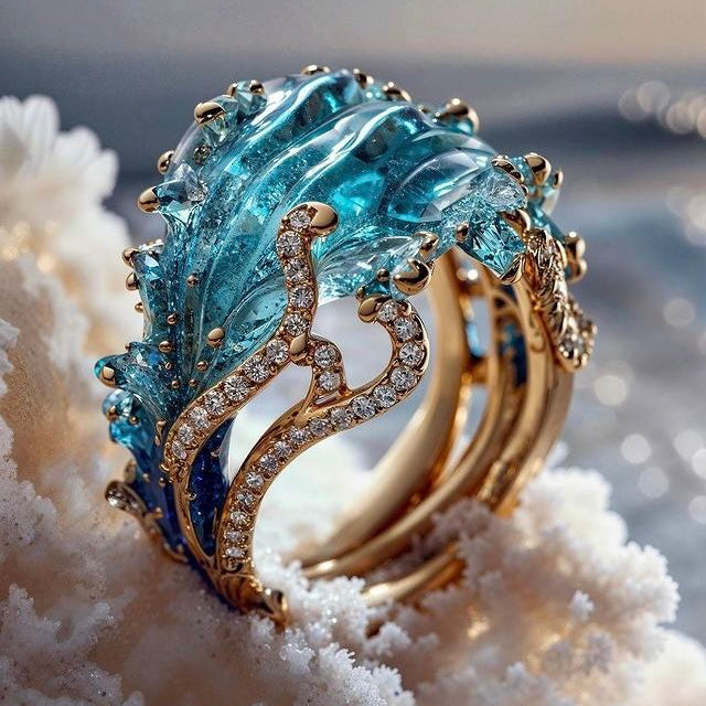 Exotic Ocean Wave Gold Ring