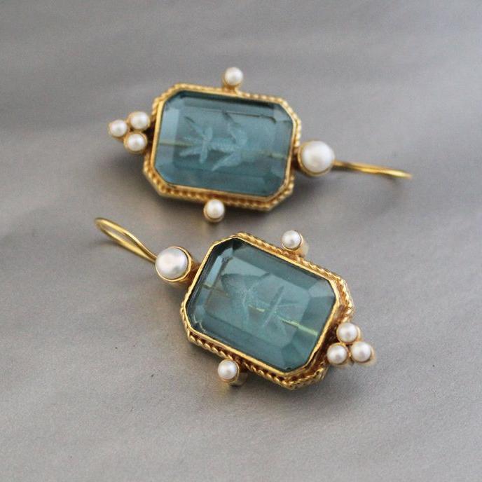 Vintage Blue Stone Pearl Earrings