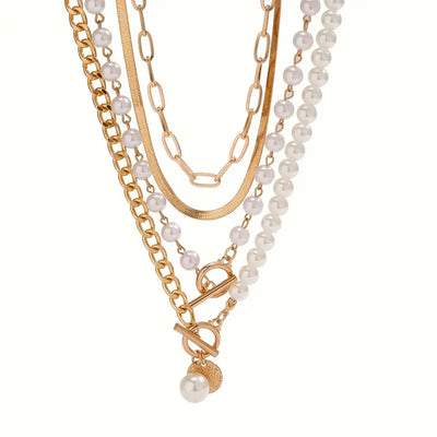 Elegant Pearl & Gold Snake Chain Necklace Set