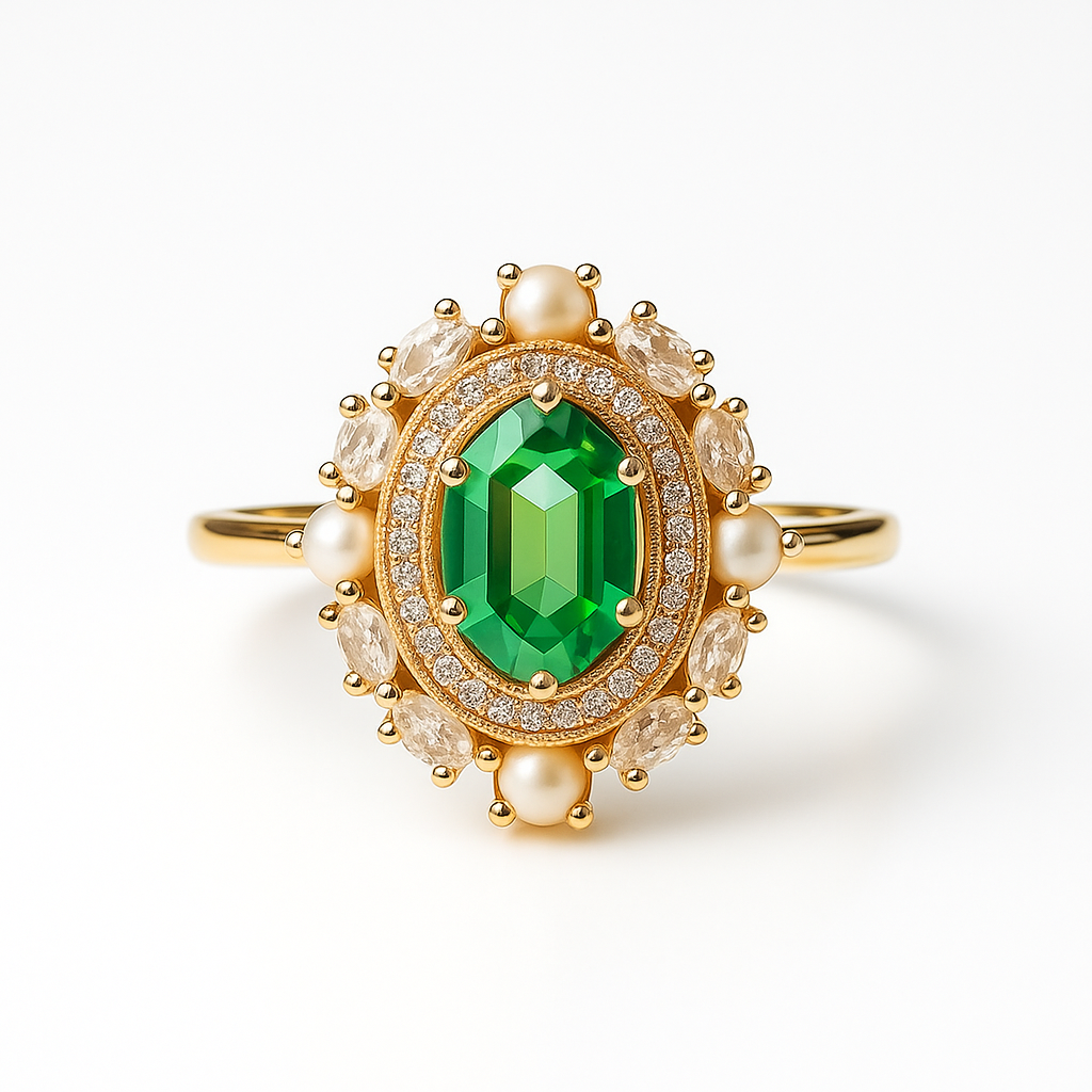 Green Topaz & Pearl Vintage 14k Gold Ring