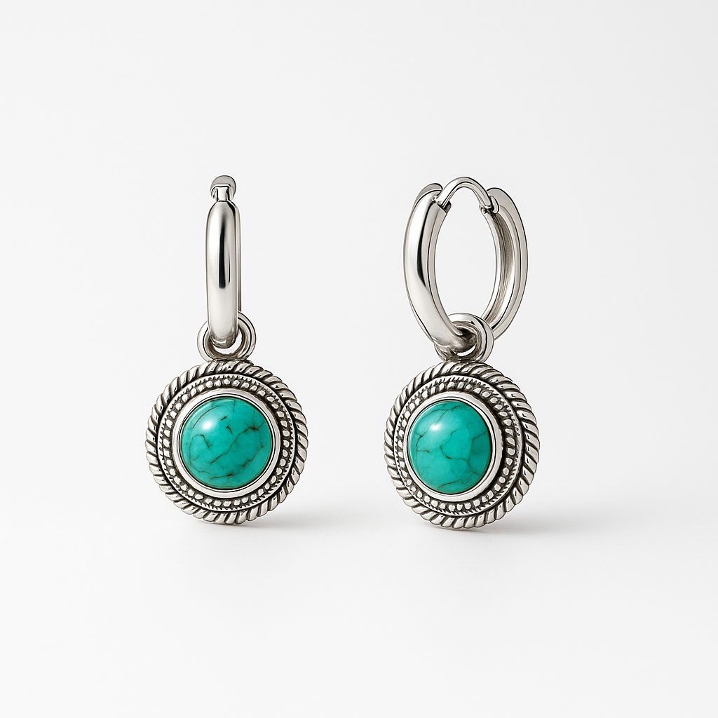 Turquoise Coin Hoop Silvered Earrings