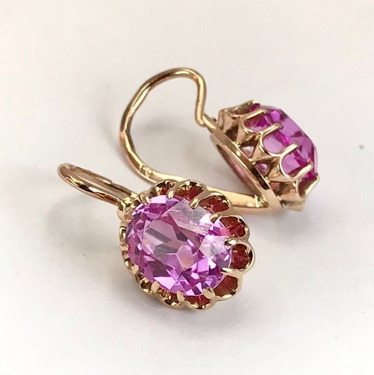 Vintage Pink Rounded Glass Gold Earrings