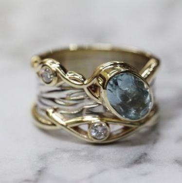 Vintage Layered Gold Zirconia Blue Glass Ring