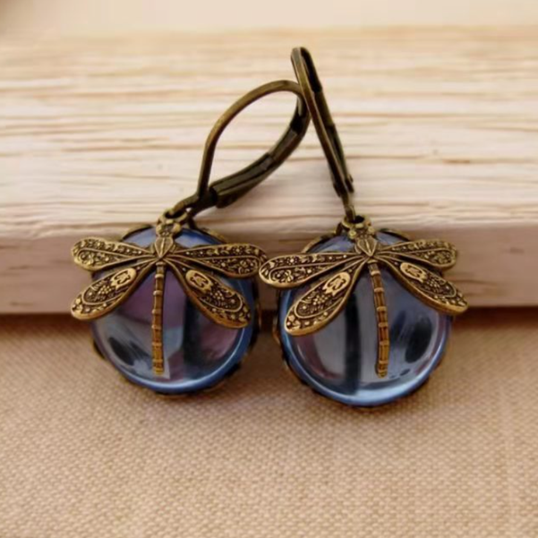 Vintage Crystal Dragonfly Earrings in Antique Gold