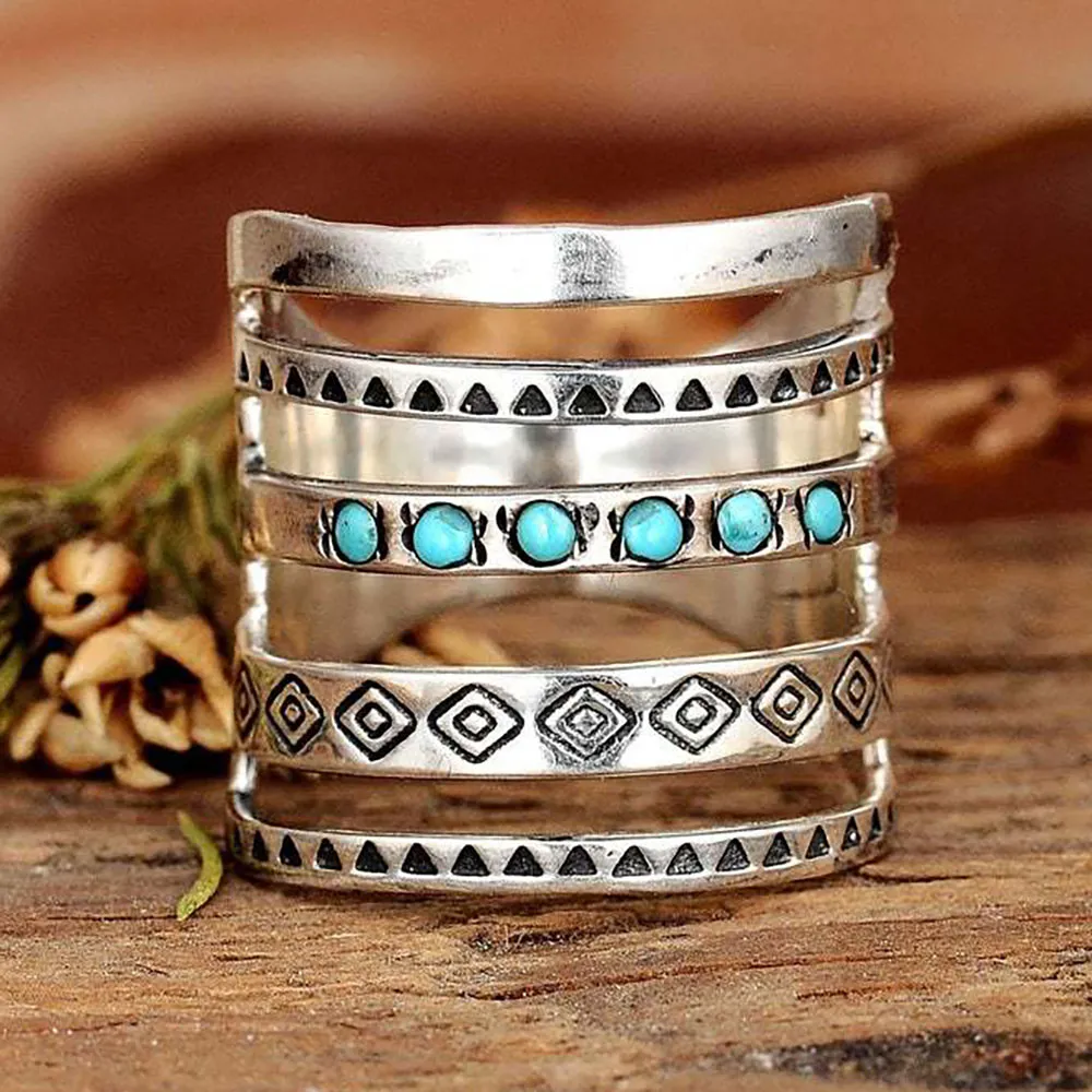 Bohemian Openwork Carved Turquoise Ring