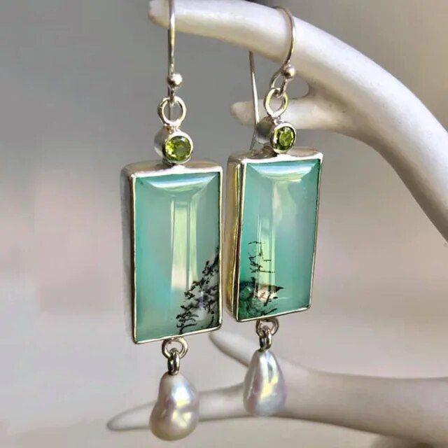 Vintage Turquoise Rectangular Pearl Earrings