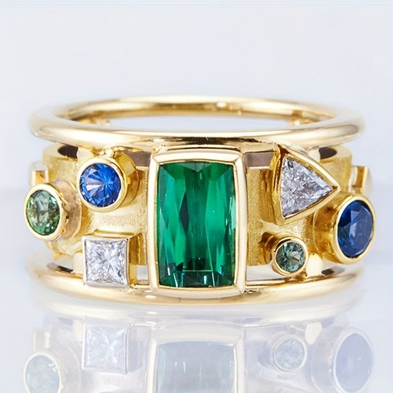 Vintage Colorful Inlaid Zirconia Gold Ring