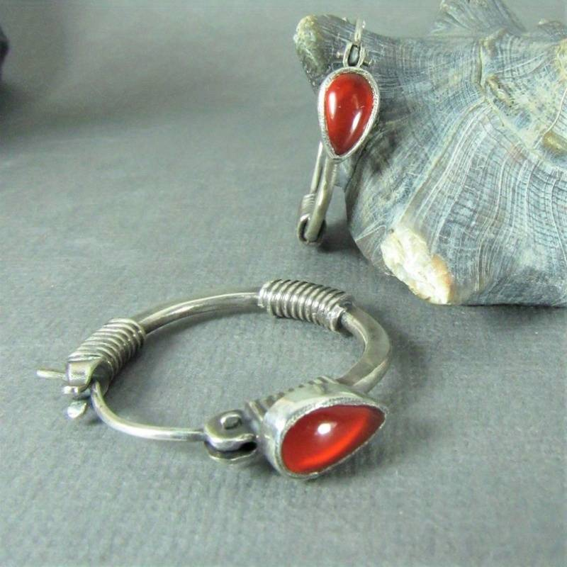 Vintage Red Stone Silver Earrings