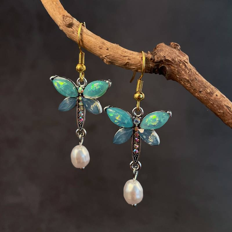 Vintage Green Opal Pearl Butterfly Earrings