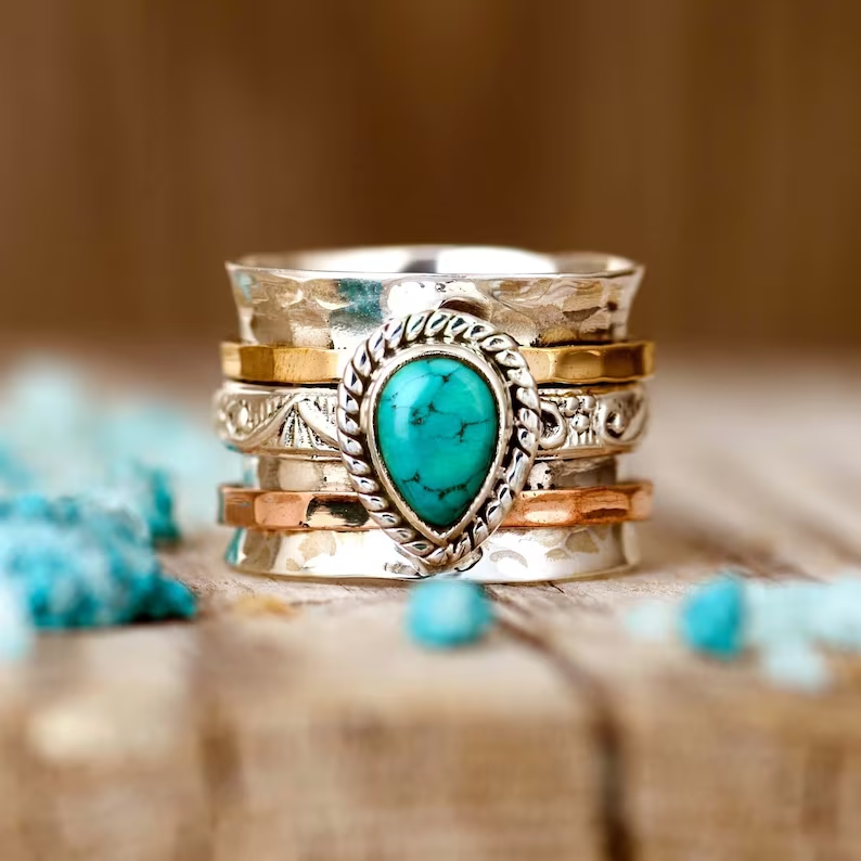 Vintage Turquoise Inlaid Stone Gold & Silver Ring