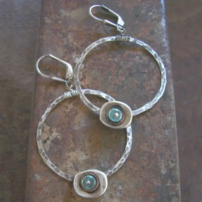 Vintage Blue Stone Silver Hoop Earrings