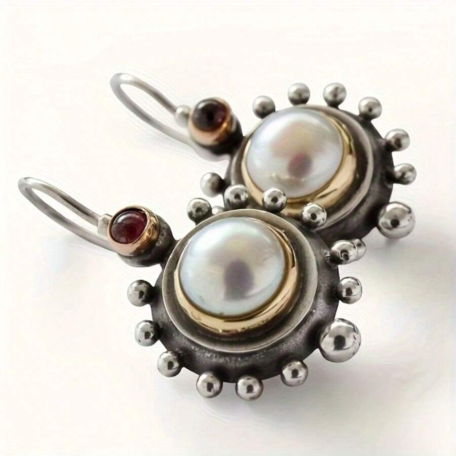 Vintage Inlaid Pearl Silver Earrings