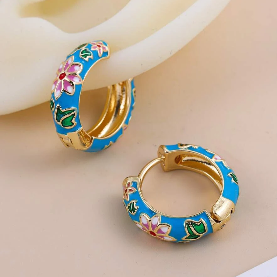 Vintage Blue Flower Hoop Earrings