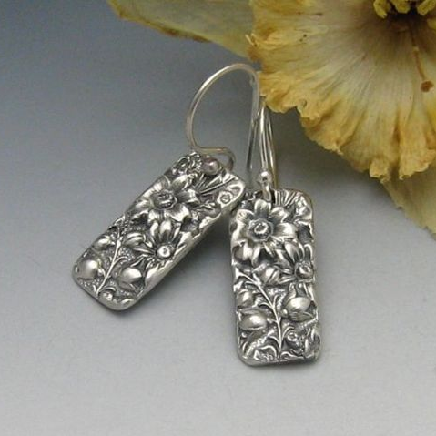 Vintage Rectangular Flower Silver Earrings