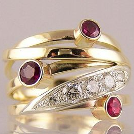 Vintage Layered Inlaid Red Crystals Golden Ring