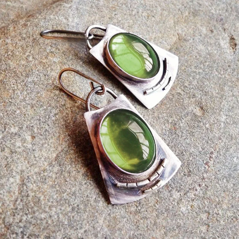 Vintage Green Inlaid Glass Silver Earrings