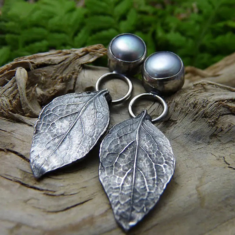 Vintage Inlaid Silver Pearl Leaf Earrings