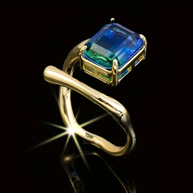 Vintage Inlaid Blue Glass Gold Open Ring