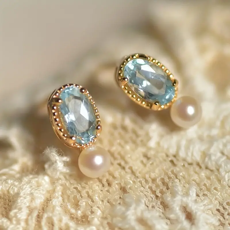 Vintage Blue Crystal Pearl Gold Earrings