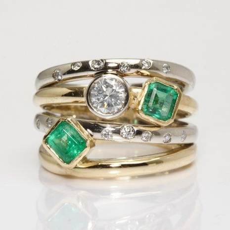 Vintage Layered Silver & Gold Green Crystal Ring