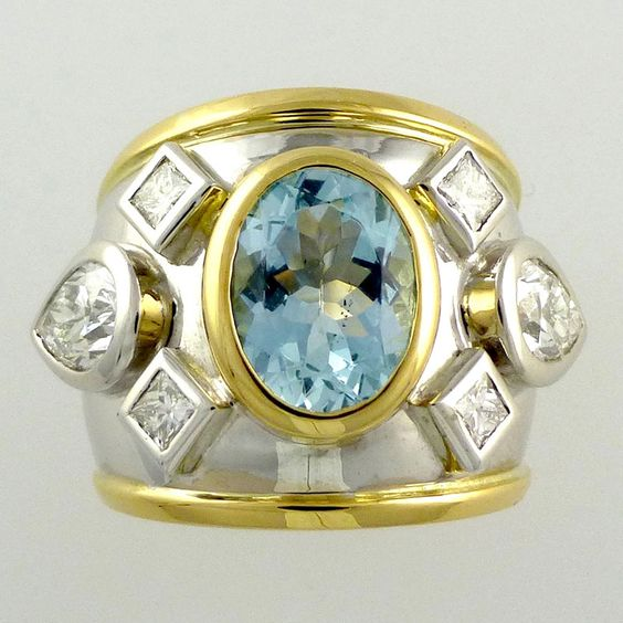 Vintage Blue Inlaid Glass Golden & Silver Ring