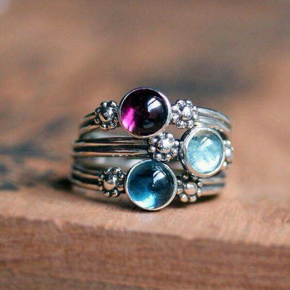 Vintage Colorful Stones Layered Silver Ring