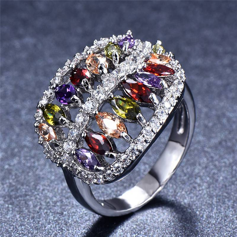 Vintage Colorful Crystal Leaf Silver Ring