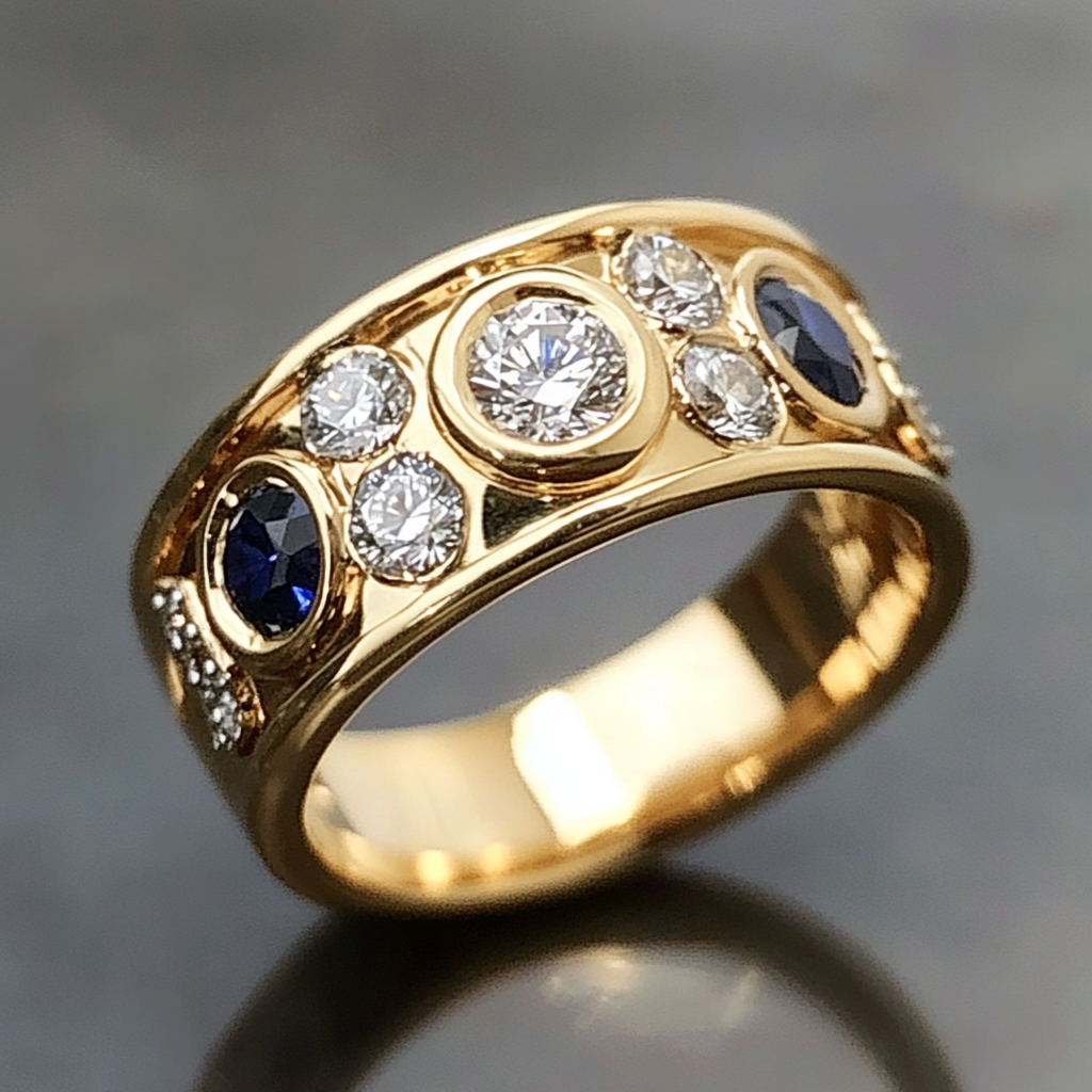 Vintage Inlaid Blue & White Crystal Ring