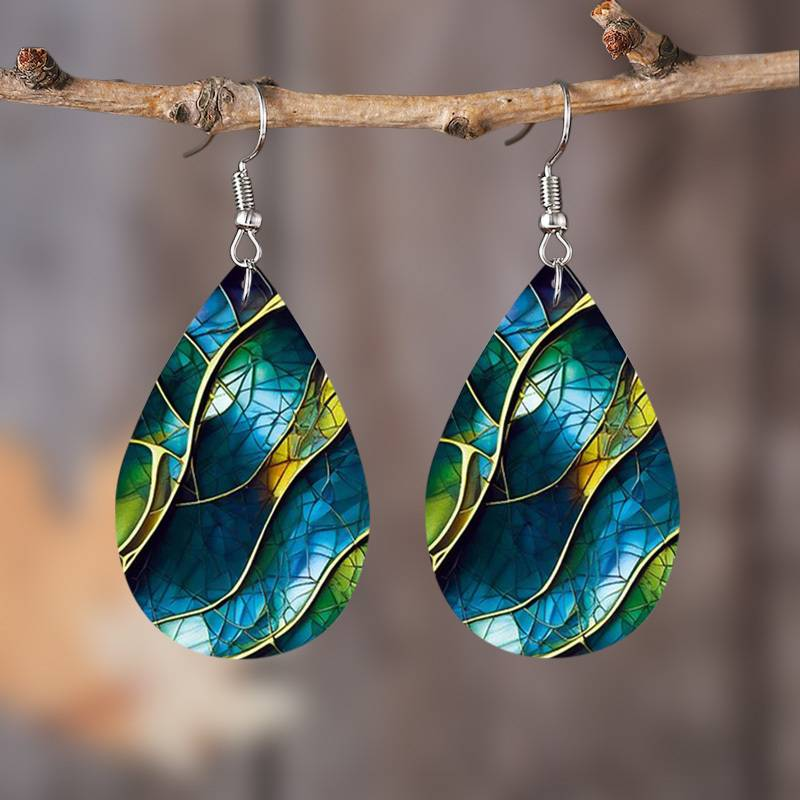 Vintage Handpainted Blue Leaf Drop Earrings