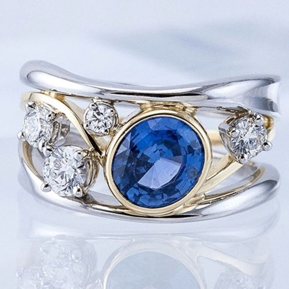 Vintage Blue Glass Gold & Silver Zirconia Ring