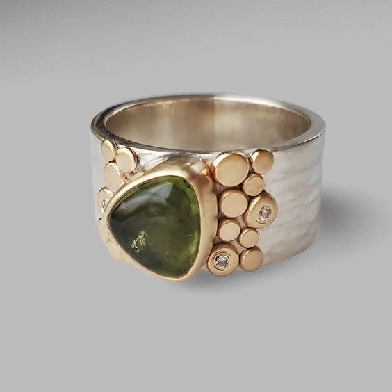 Vintage Green Olive Glass Gold & Silver Ring