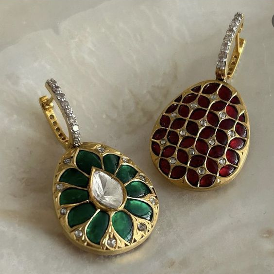 Vintage Green & Red Drop Golden Earrings