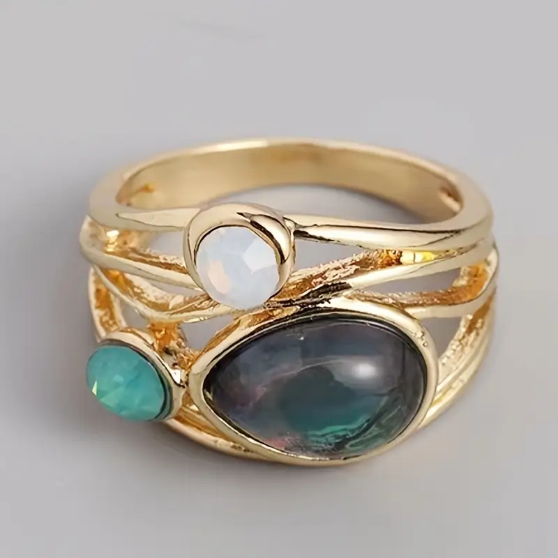 Vintage Green Drop Stone Layered Gold Ring